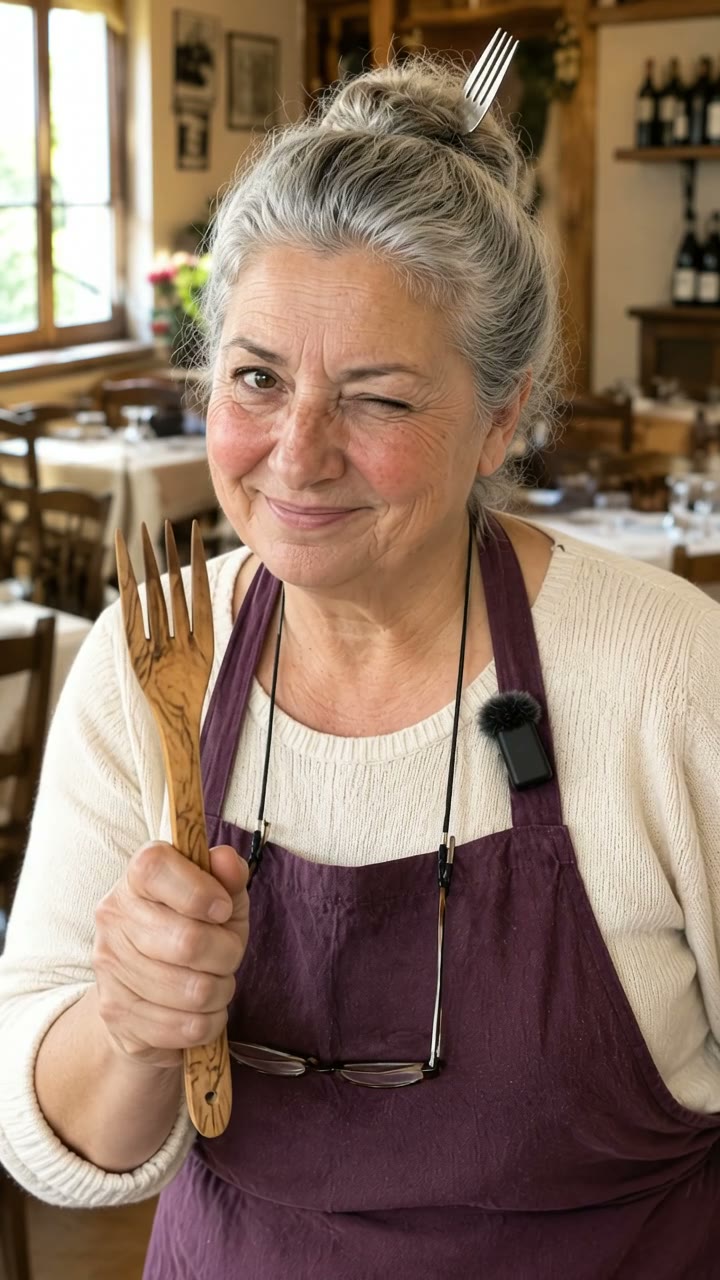 Lina fa l'occhiolino con il forchettone di legno in mano